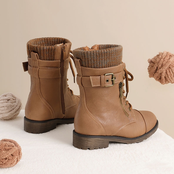 Girl's Mid Calf Combat Boots - CAMEL - 3